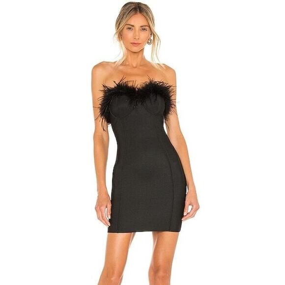 superdown Dresses & Skirts - Superdown Ramona Bustier Black Feather Trim Party Mini Dress Size Small